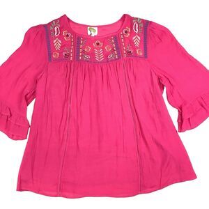 Fig and Flower Pink Embroidered Peasant Blouse Top 3/4 Sleeve Women's 2X Boho